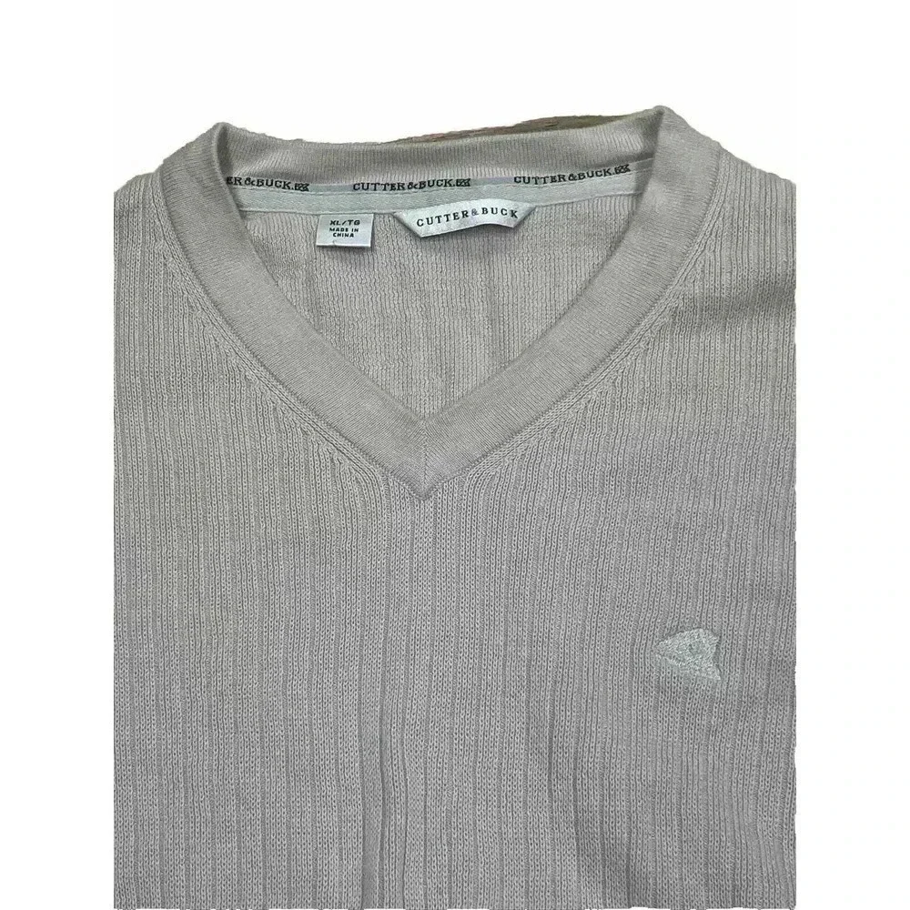 Cutter & Buck Mens XL Ribbed Knit Sweater Beige V Neck Pullover Golf
